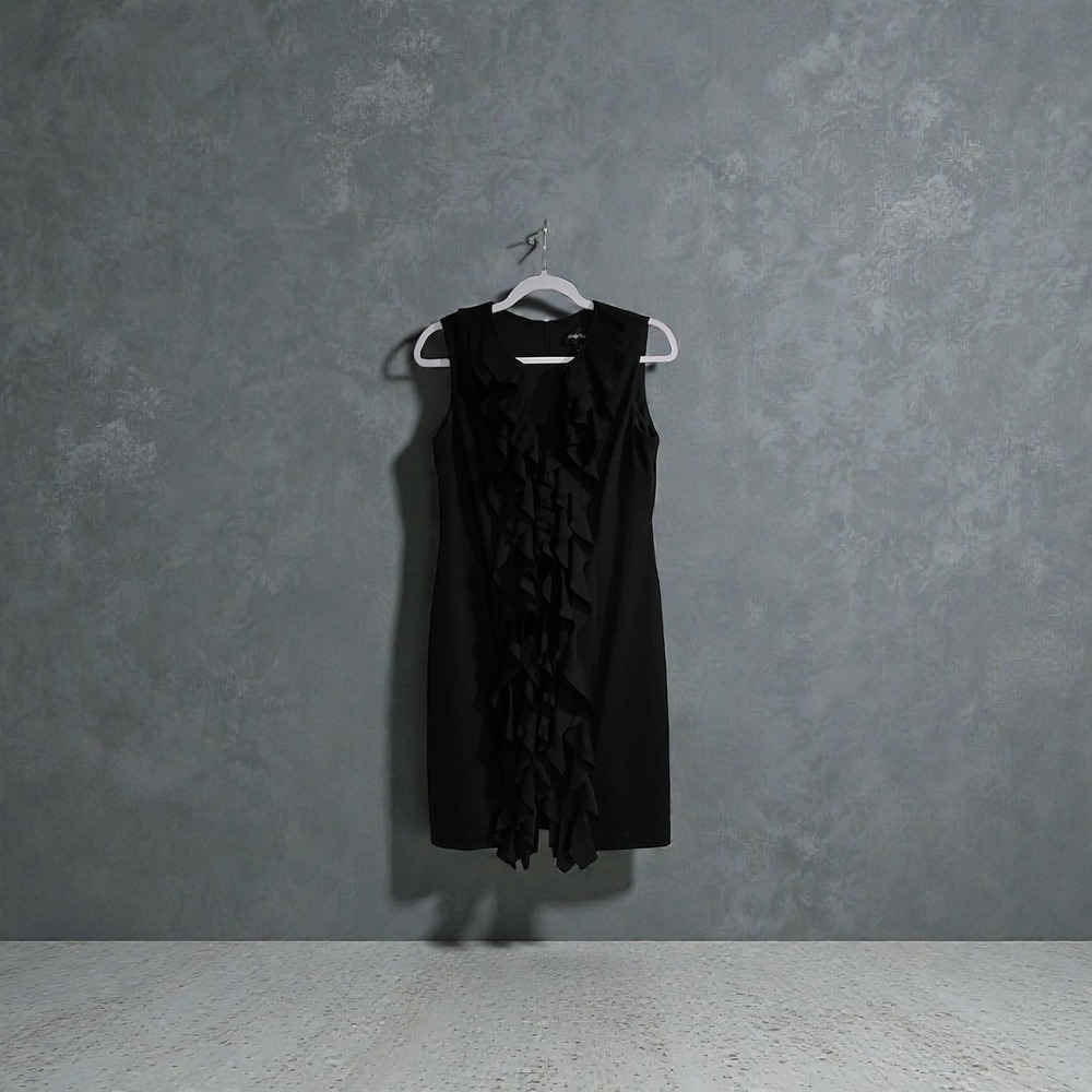 Kathy Roberts Black Sleeveless Ruffle Front Sheath Dress Size  8